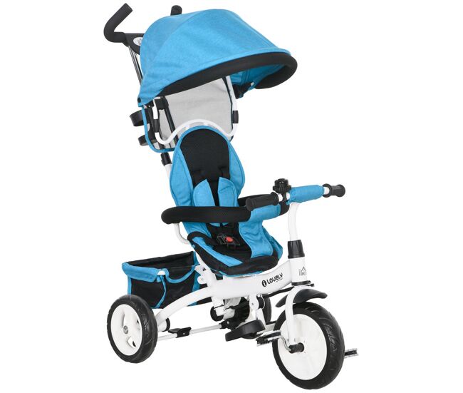 Homcom triciclo evolutivo para bebés 6 en 1 triciclo para niños de 1-5 años bicicleta para niños con toldo plegable mango telescópico desmontable cinturón de seguridad y cesto 95x50x106 cm azul