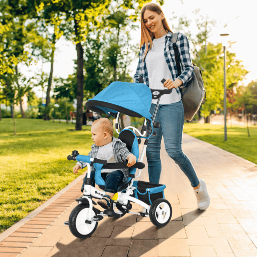 HOMCOM Triciclo para Bebés 2 em 1 Triciclo Evolutivo para Crianças de +12 Meses com Toldo Dobrável Guiador Telescópico e Removível Cinto de Segurança e Cesto 95x50x106 cm Azul