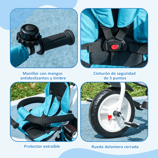 HOMCOM Triciclo para Bebés 2 em 1 Triciclo Evolutivo para Crianças de +12 Meses com Toldo Dobrável Guiador Telescópico e Removível Cinto de Segurança e Cesto 95x50x106 cm Azul