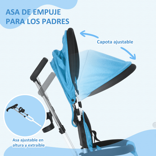 HOMCOM Triciclo para Bebés 2 em 1 Triciclo Evolutivo para Crianças de +12 Meses com Toldo Dobrável Guiador Telescópico e Removível Cinto de Segurança e Cesto 95x50x106 cm Azul