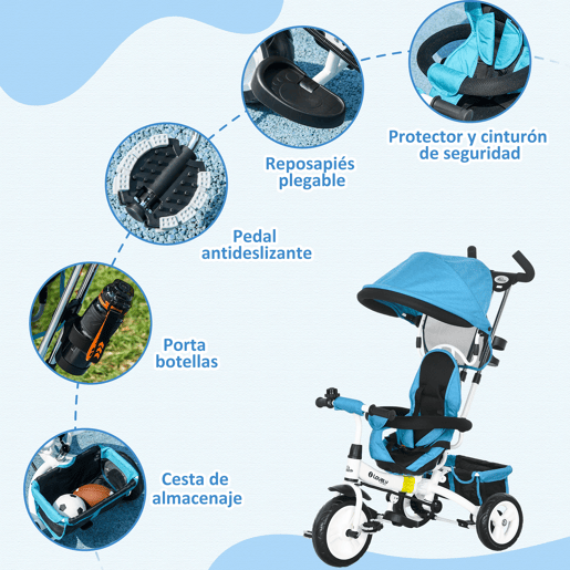 HOMCOM Triciclo para Bebés 2 em 1 Triciclo Evolutivo para Crianças de +12 Meses com Toldo Dobrável Guiador Telescópico e Removível Cinto de Segurança e Cesto 95x50x106 cm Azul