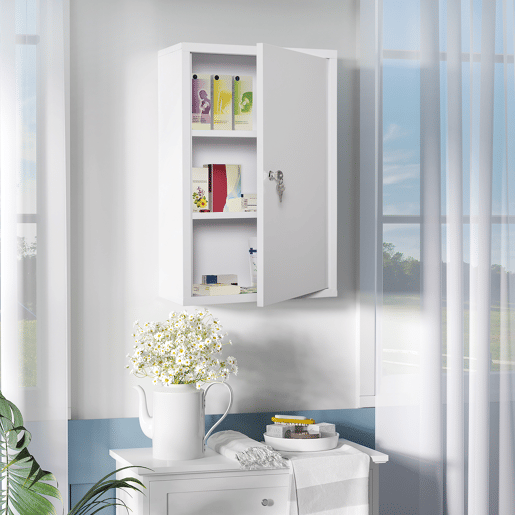 kleankin Armário Farmácia de Parede de Armário para Medicamentos de Metal com 3 Prateleiras de Armazenamento e Fechadura com 2 Chaves para Casa de Banho Cozinha 40x18x60cm Branco