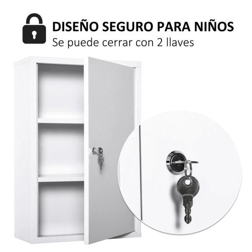 kleankin Armário Farmácia de Parede de Armário para Medicamentos de Metal com 3 Prateleiras de Armazenamento e Fechadura com 2 Chaves para Casa de Banho Cozinha 40x18x60cm Branco