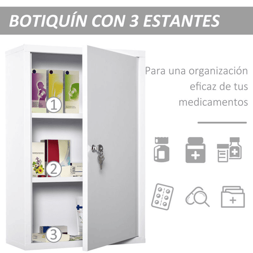kleankin Armário Farmácia de Parede de Armário para Medicamentos de Metal com 3 Prateleiras de Armazenamento e Fechadura com 2 Chaves para Casa de Banho Cozinha 40x18x60cm Branco