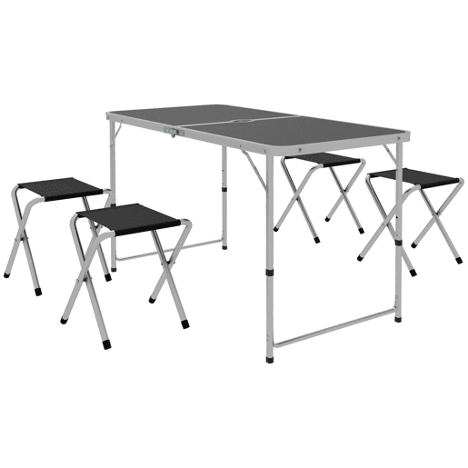 Outsunny Conjunto de Campismo de 5 Peças Mesa Dobrável para Campismo com Cadeiras Inclui 1 Mesa com Altura Ajustável e Tampo em MDF Orifício para Chapéu de Sol 120x60x55-70 cm e 4 Bancos Dobráveis Preto