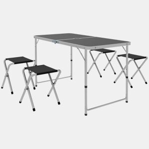 Outsunny Conjunto de Campismo de 5 Peças Mesa Dobrável para Campismo com Cadeiras Inclui 1 Mesa com Altura Ajustável e Tampo em MDF Orifício para Chapéu de Sol 120x60x55-70 cm e 4 Bancos Dobráveis Preto