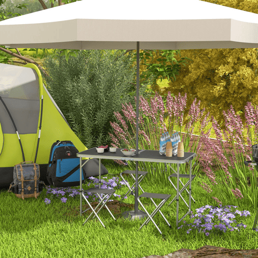 Outsunny Conjunto de Campismo de 5 Peças Mesa Dobrável para Campismo com Cadeiras Inclui 1 Mesa com Altura Ajustável e Tampo em MDF Orifício para Chapéu de Sol 120x60x55-70 cm e 4 Bancos Dobráveis Preto