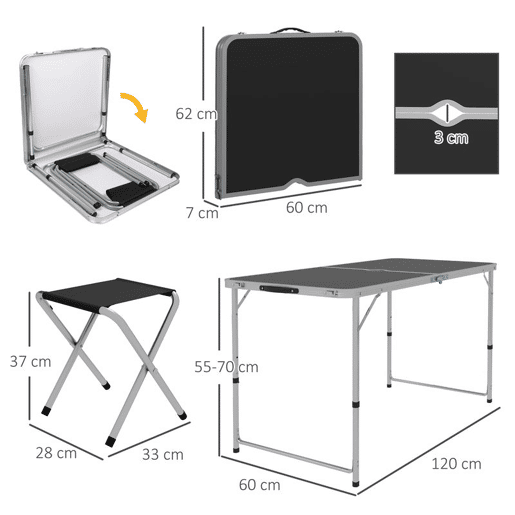Outsunny Conjunto de Campismo de 5 Peças Mesa Dobrável para Campismo com Cadeiras Inclui 1 Mesa com Altura Ajustável e Tampo em MDF Orifício para Chapéu de Sol 120x60x55-70 cm e 4 Bancos Dobráveis Preto