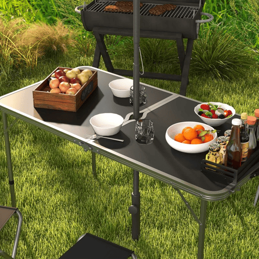 Outsunny Conjunto de Campismo de 5 Peças Mesa Dobrável para Campismo com Cadeiras Inclui 1 Mesa com Altura Ajustável e Tampo em MDF Orifício para Chapéu de Sol 120x60x55-70 cm e 4 Bancos Dobráveis Preto