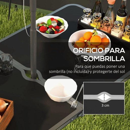 Outsunny Conjunto de Campismo de 5 Peças Mesa Dobrável para Campismo com Cadeiras Inclui 1 Mesa com Altura Ajustável e Tampo em MDF Orifício para Chapéu de Sol 120x60x55-70 cm e 4 Bancos Dobráveis Preto