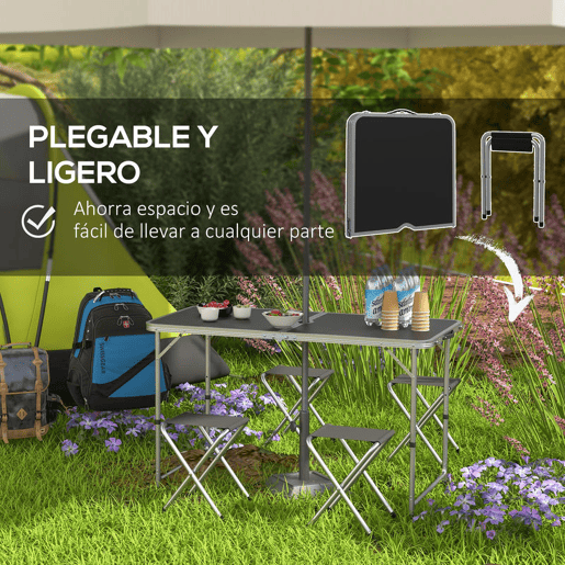 Outsunny Conjunto de Campismo de 5 Peças Mesa Dobrável para Campismo com Cadeiras Inclui 1 Mesa com Altura Ajustável e Tampo em MDF Orifício para Chapéu de Sol 120x60x55-70 cm e 4 Bancos Dobráveis Preto