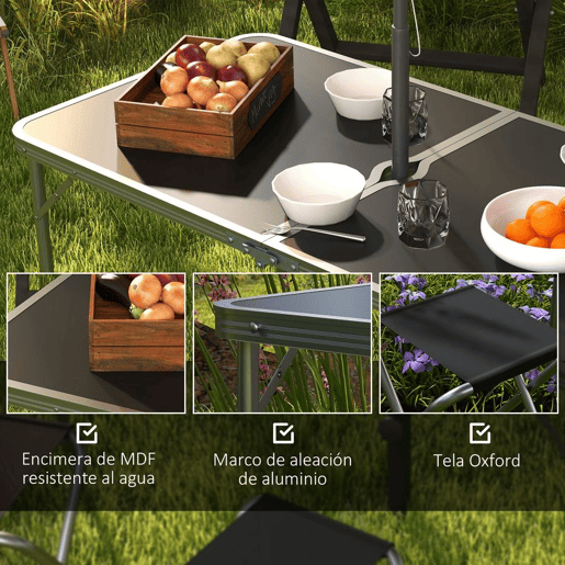 Outsunny Conjunto de Campismo de 5 Peças Mesa Dobrável para Campismo com Cadeiras Inclui 1 Mesa com Altura Ajustável e Tampo em MDF Orifício para Chapéu de Sol 120x60x55-70 cm e 4 Bancos Dobráveis Preto