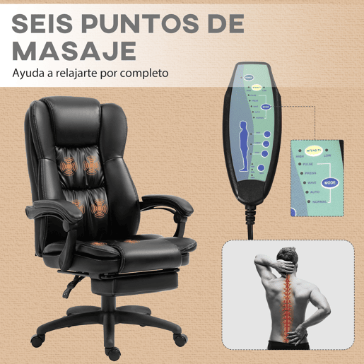 Vinsetto Conjunto para Escritório Inclui 1 Cadeira de Massagem Reclinável com 6 Pontos de Massagem 68,5x68,5x113-121 cm e 1 Tapete Protetor de Chão 90x120 cm Preto e Transparente