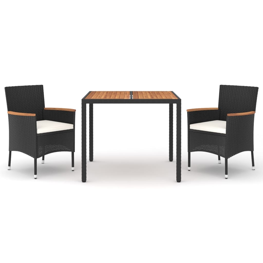 Set comedor de jardin 3 piezas con cojines ratán sintético negro