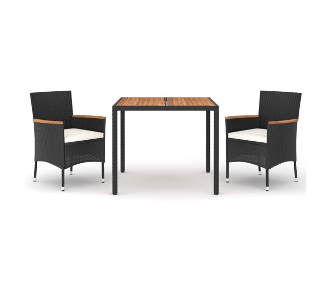 Set comedor de jardin 3 piezas con cojines ratán sintético negro