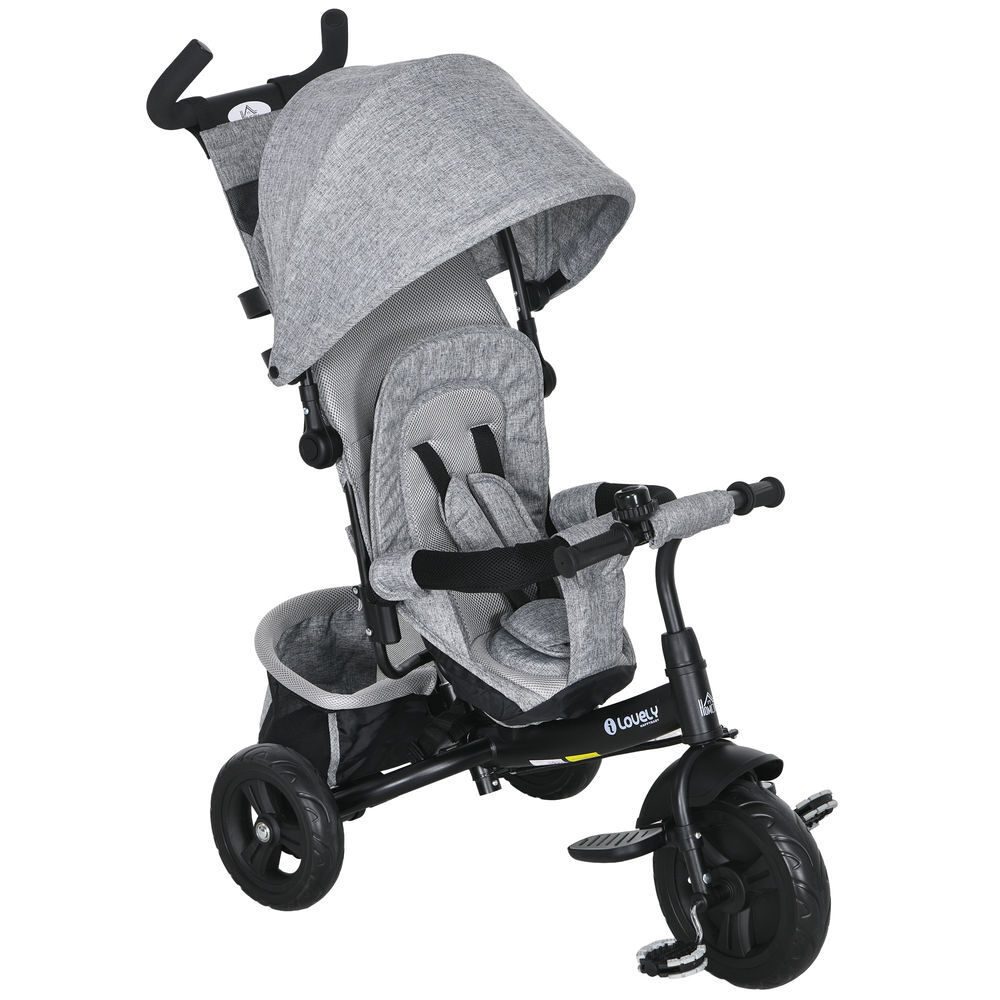 Homcom triciclo para bebés triciclo evolutivo para niños con toldo plegable mango de empuje telescópico y desmontable bolso para mamá y portabotellas 102x49x102 cm gris