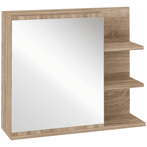 Kleankin Armário Casa de Banho com Espelho Montado na Parede com 3 Prateleiras Abertas e 1 Porta com Prateleira Interior Estilo Moderno 60x18x50 cm Natural