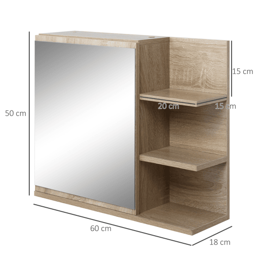 Kleankin Armário Casa de Banho com Espelho Montado na Parede com 3 Prateleiras Abertas e 1 Porta com Prateleira Interior Estilo Moderno 60x18x50 cm Natural