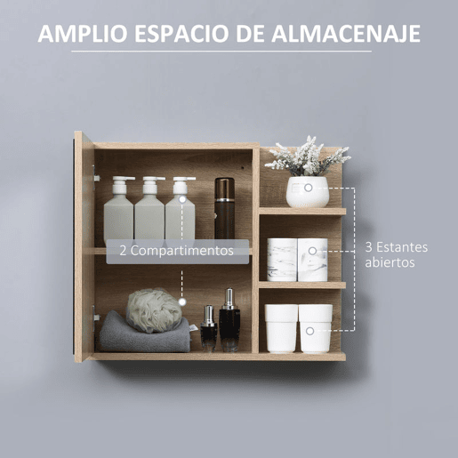 Kleankin Armário Casa de Banho com Espelho Montado na Parede com 3 Prateleiras Abertas e 1 Porta com Prateleira Interior Estilo Moderno 60x18x50 cm Natural