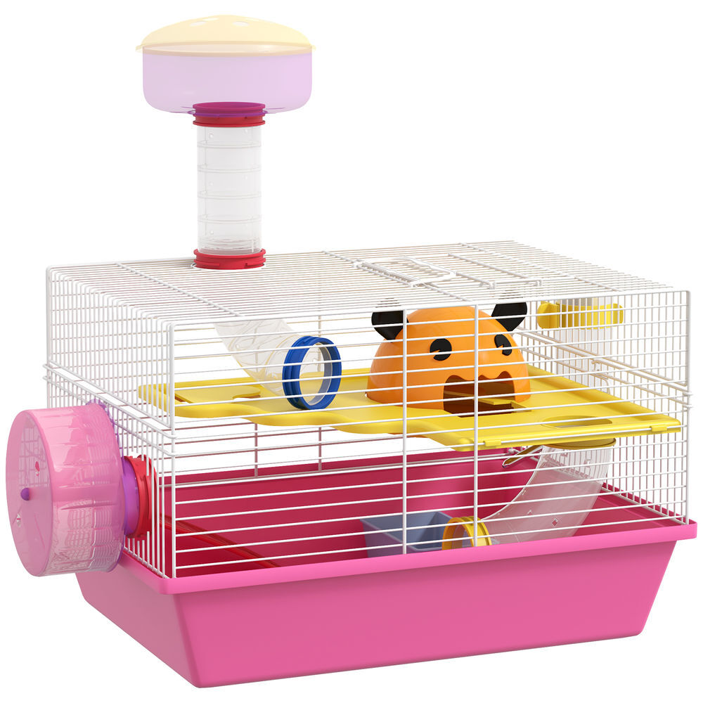 Pawhut jaula para hámster casa para animales pequeños con cuenco bebedero rueda de ejercicio torre de observación y casita 34x27x25 cm rosa