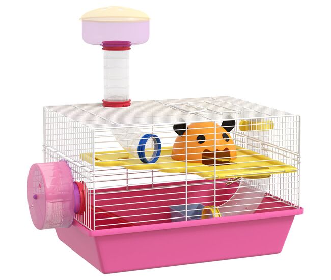 Pawhut jaula para hámster casa para animales pequeños con cuenco bebedero rueda de ejercicio torre de observación y casita 34x27x25 cm rosa