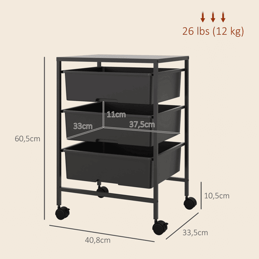 HOMCOM Carrinho Auxiliar com Rodas Carrinho de Cozinha de 3 Níveis com 3 Cestos para Armazenamento e Estrutura de Aço para Sala de Jantar Banheiro 40,8x33,5x60,5 cm Preto