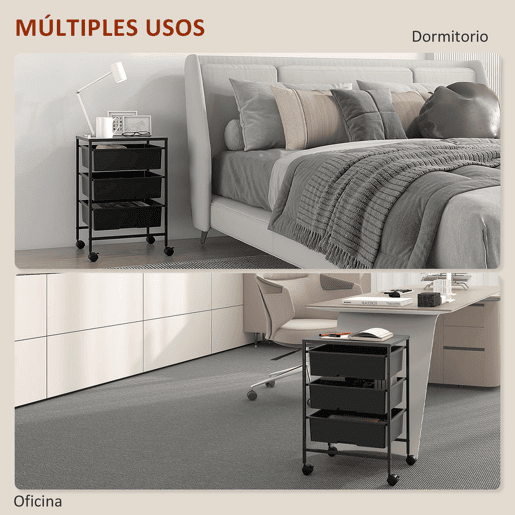 HOMCOM Carrinho Auxiliar com Rodas Carrinho de Cozinha de 3 Níveis com 3 Cestos para Armazenamento e Estrutura de Aço para Sala de Jantar Banheiro 40,8x33,5x60,5 cm Preto