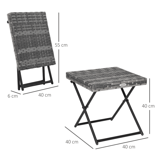 Outsunny Mesa de Jardim em Vime Sintético Mesa de Terraço Exterior Dobrável com Pés Cruzados e Estrutura de Aço para Pátio Varanda 40x40x40 cm Cinza