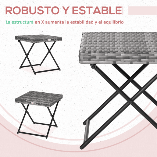 Outsunny Mesa de Jardim em Vime Sintético Mesa de Terraço Exterior Dobrável com Pés Cruzados e Estrutura de Aço para Pátio Varanda 40x40x40 cm Cinza