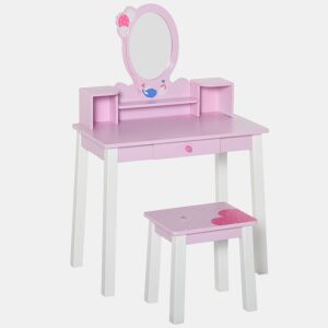 HOMCOM Penteadeira Infantil com Banco e Espelho Tipo Princesa Mesa de Maquilhagem de Madeira Rosa Brinquedo para Meninas 3+ Anos 60x34x93 cm