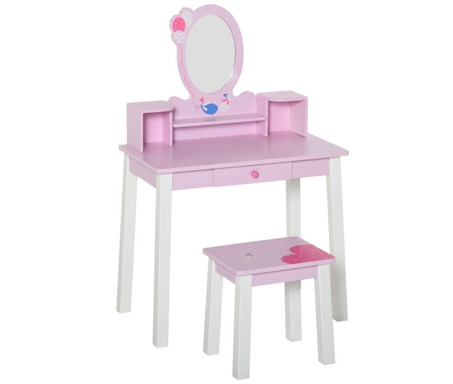 Homcom tocador infantil con taburete y espejo tipo princesa mesita de maquillaje de madera rosa juguete para niñas de 3+ años 60x34x93 cm