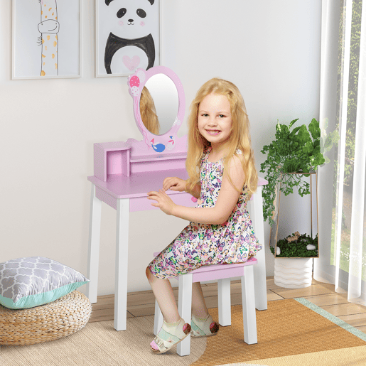 HOMCOM Penteadeira Infantil com Banco e Espelho Tipo Princesa Mesa de Maquilhagem de Madeira Rosa Brinquedo para Meninas 3+ Anos 60x34x93 cm