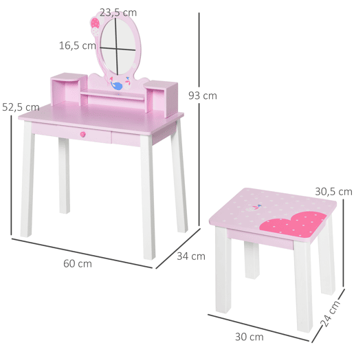 HOMCOM Penteadeira Infantil com Banco e Espelho Tipo Princesa Mesa de Maquilhagem de Madeira Rosa Brinquedo para Meninas 3+ Anos 60x34x93 cm