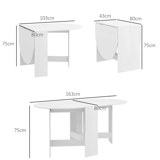 HOMCOM Mesa de Cozinha Dobrável Mesa de Jantar Dobrável Ovalada com Laterais Abatíveis Estilo Moderno 163x80x75 cm Branco