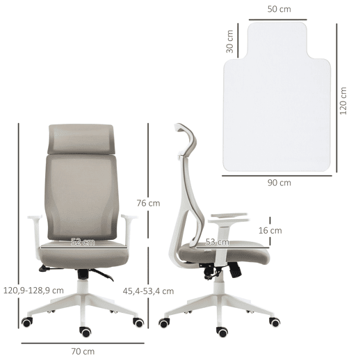 Vinsetto Conjunto de Escritório Inclui 1 Cadeira de Escritório Reclinável com Rodas e Altura Ajustável 64x61x120,9-128,9 cm e 1 Tapete Protetor de Chão 90x120 cm Cinza e Transparente