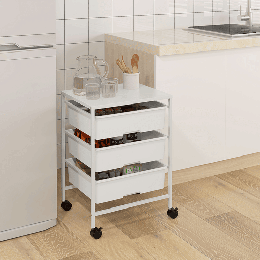 HOMCOM Carrinho Auxiliar com Rodas Carrinho de Cozinha de 3 Níveis com 3 Cestos para Armazenamento e Estrutura de Aço para Sala de Jantar Banheiro 40,8x33,5x60,5 cm Branco