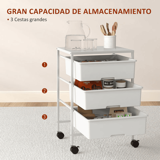 HOMCOM Carrinho Auxiliar com Rodas Carrinho de Cozinha de 3 Níveis com 3 Cestos para Armazenamento e Estrutura de Aço para Sala de Jantar Banheiro 40,8x33,5x60,5 cm Branco