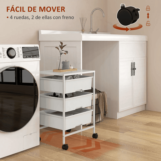 HOMCOM Carrinho Auxiliar com Rodas Carrinho de Cozinha de 3 Níveis com 3 Cestos para Armazenamento e Estrutura de Aço para Sala de Jantar Banheiro 40,8x33,5x60,5 cm Branco
