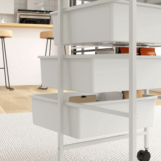 HOMCOM Carrinho Auxiliar com Rodas Carrinho de Cozinha de 3 Níveis com 3 Cestos para Armazenamento e Estrutura de Aço para Sala de Jantar Banheiro 40,8x33,5x60,5 cm Branco