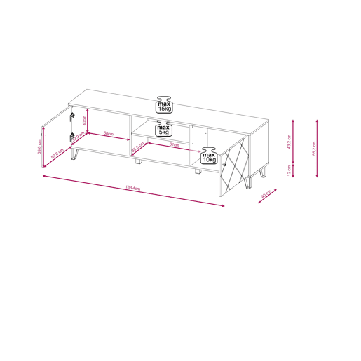 BILBAO TV-stand, novo estilo country. Dimensões: 55x183x40 cm. Com 4 prateleiras, 2 portas.