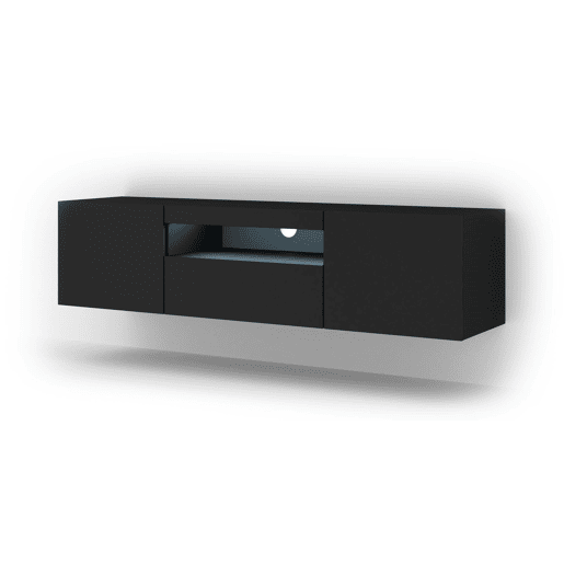 A mesa de TV AURA apresenta-se num estilo moderno. Mede 42x150x37 cm e inclui 4 prateleiras e 3 portas.