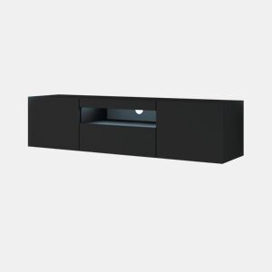 A mesa de TV AURA apresenta-se num estilo moderno. Mede 42x150x37 cm e inclui 4 prateleiras e 3 portas.