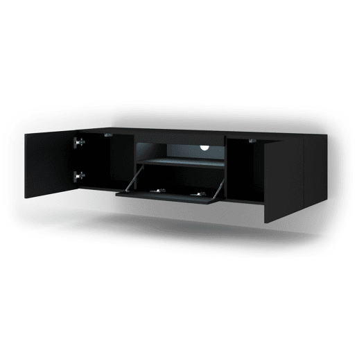 A mesa de TV AURA apresenta-se num estilo moderno. Mede 42x150x37 cm e inclui 4 prateleiras e 3 portas.