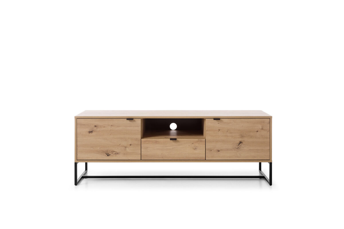 El soporte de tv amber en roble claro es de parquet y presenta un nuevo diseño rústico.