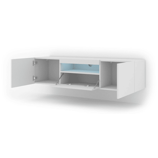 A mesa de TV AURA apresenta-se num estilo moderno. Mede 42x150x37 cm e inclui 4 prateleiras e 3 portas.