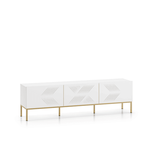 A mesa de TV CLEARING em branco é feita de madeira de engenharia e apresenta um design moderno.