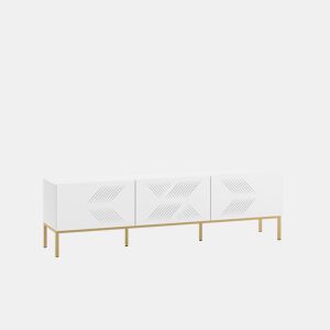 A mesa de TV CLEARING em branco é feita de madeira de engenharia e apresenta um design moderno.