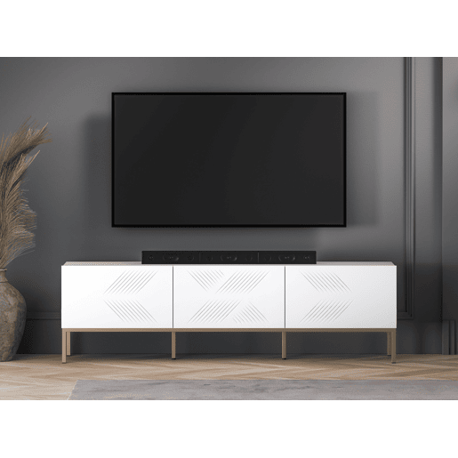 A mesa de TV CLEARING em branco é feita de madeira de engenharia e apresenta um design moderno.