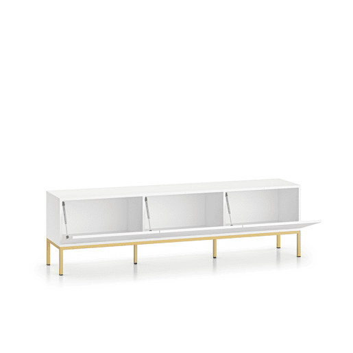 A mesa de TV CLEARING em branco é feita de madeira de engenharia e apresenta um design moderno.