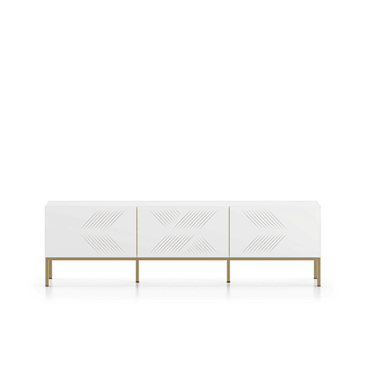 A mesa de TV CLEARING em branco é feita de madeira de engenharia e apresenta um design moderno.